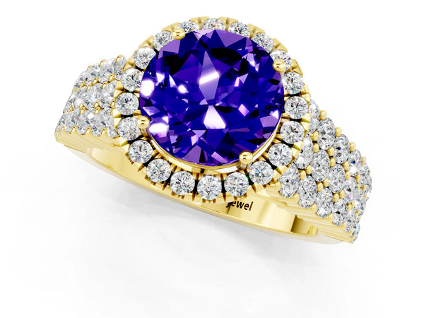 Yellow gold Round Cut Tanzanite Halo Engagement Ring with Triple Row Round Pavé Band and Prong Setting