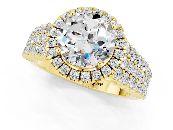Yellow gold Round Cut Moissanite Halo Engagement Ring with Triple Row Round Pavé Band and Prong Setting