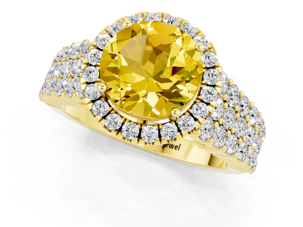 Yellow gold Round Cut Yellow Sapphire Halo Engagement Ring with Triple Row Round Pavé Band and Prong Setting