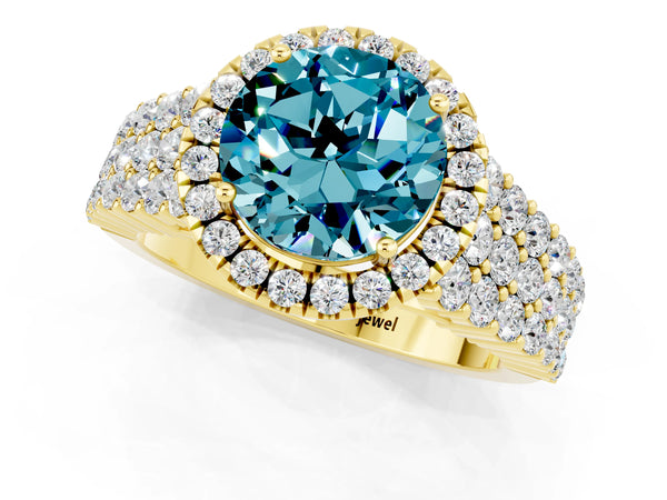 Yellow gold Round Cut Halo Pavé Diamond Engagement Ring with Split Shank and Four-Prong Setting