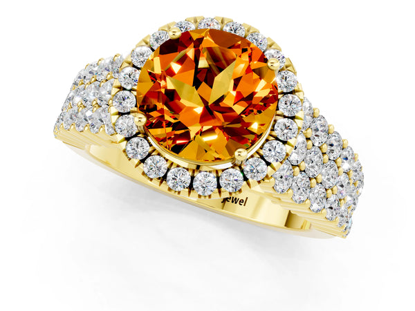 Yellow gold Round Cut Citrine Halo Engagement Ring with Triple Row Round Pavé Band and Prong Setting