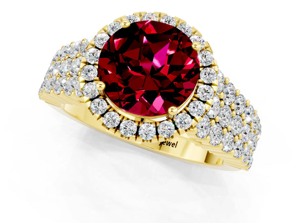 Yellow gold Round Cut Garnet Halo Engagement Ring with Triple Row Round Pavé Band and Prong Setting