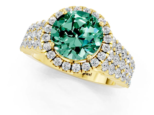 Yellow gold Round Cut Green Sapphire Halo Engagement Ring with Triple Row Round Pavé Band and Prong Setting