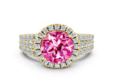Yellow gold Round Cut Halo Pavé Diamond Engagement Ring with Split Shank and Four-Prong Setting
