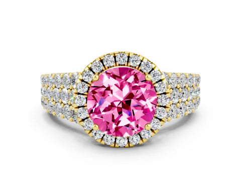 Yellow gold Round Cut Halo Pavé Diamond Engagement Ring with Split Shank and Four-Prong Setting