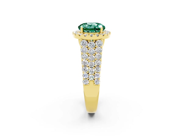 Yellow gold Round Cut Green Sapphire Halo Engagement Ring with Triple Row Round Pavé Band and Prong Setting