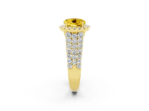 Yellow gold Round Cut Yellow Sapphire Halo Engagement Ring with Triple Row Round Pavé Band and Prong Setting