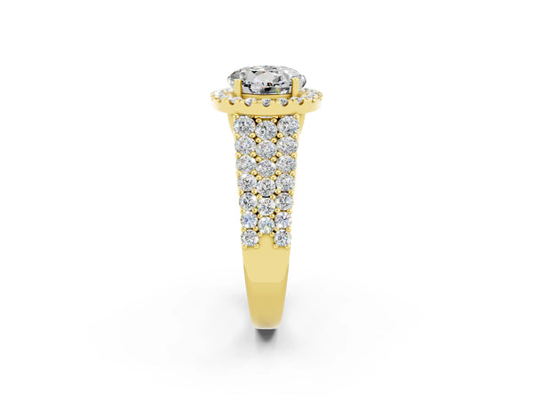 Yellow gold Round Cut Moissanite Halo Engagement Ring with Triple Row Round Pavé Band and Prong Setting