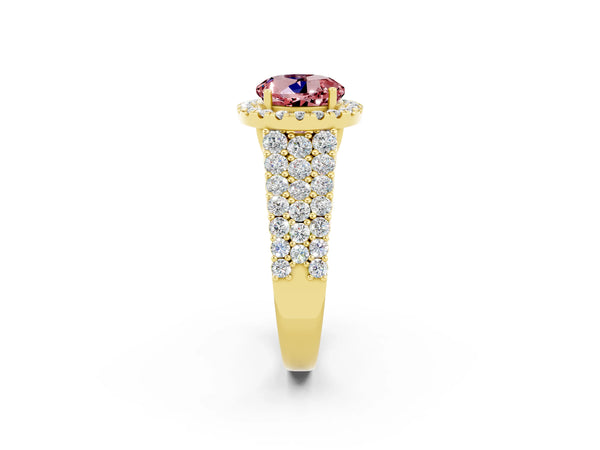 Yellow gold Round Cut Halo Pavé Diamond Engagement Ring with Split Shank and Four-Prong Setting