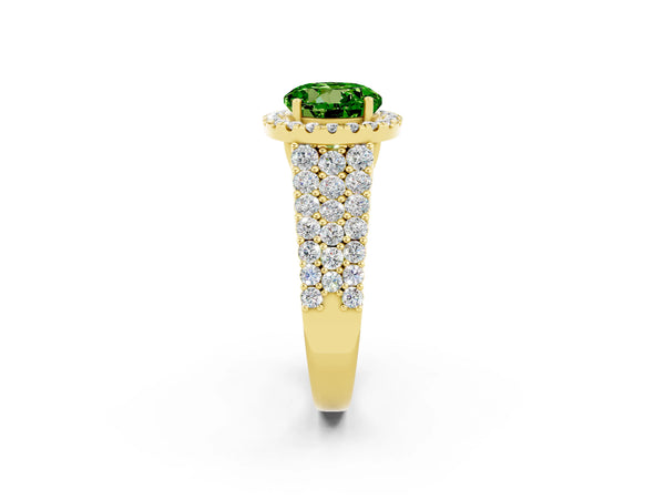 Yellow gold Round Cut Halo Pavé Diamond Engagement Ring with Split Shank and Four-Prong Setting