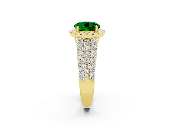 Yellow gold Round Cut Emerald Halo Engagement Ring with Triple Row Round Pavé Band and Prong Setting