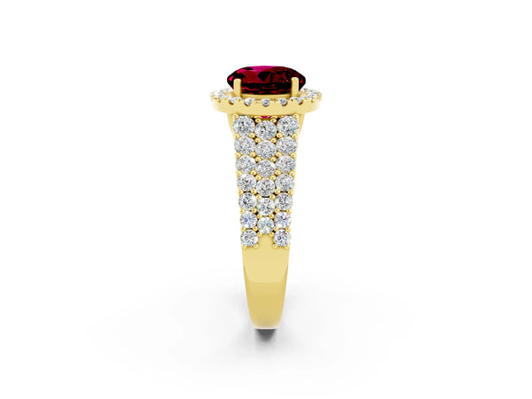 Yellow gold Round Cut Garnet Halo Engagement Ring with Triple Row Round Pavé Band and Prong Setting