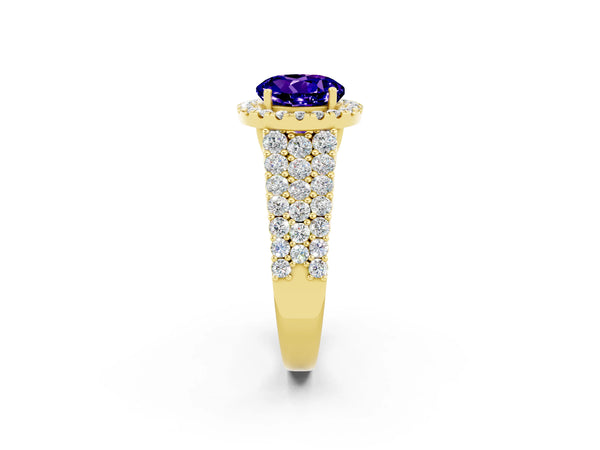 Yellow gold Round Cut Tanzanite Halo Engagement Ring with Triple Row Round Pavé Band and Prong Setting