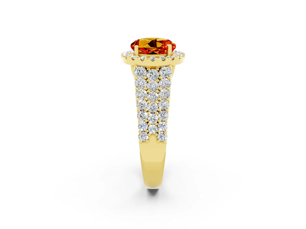 Yellow gold Round Cut Citrine Halo Engagement Ring with Triple Row Round Pavé Band and Prong Setting