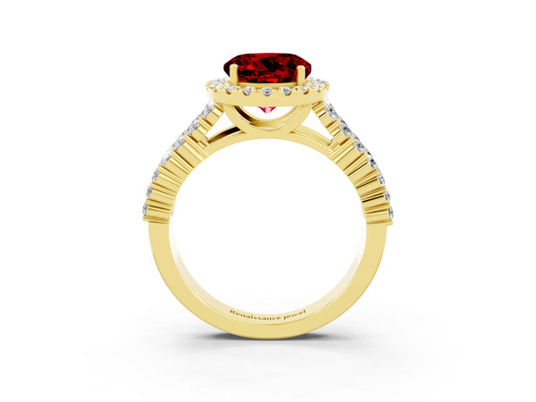 Yellow gold Round Cut Halo Pavé Diamond Engagement Ring with Split Shank and Four-Prong Setting