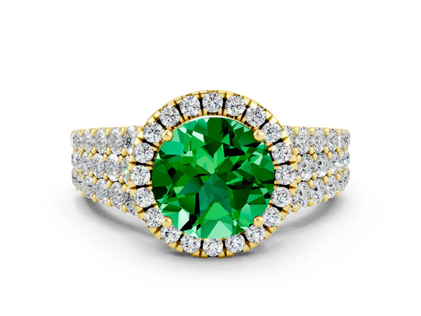 Yellow gold Round Cut Emerald Halo Engagement Ring with Triple Row Round Pavé Band and Prong Setting