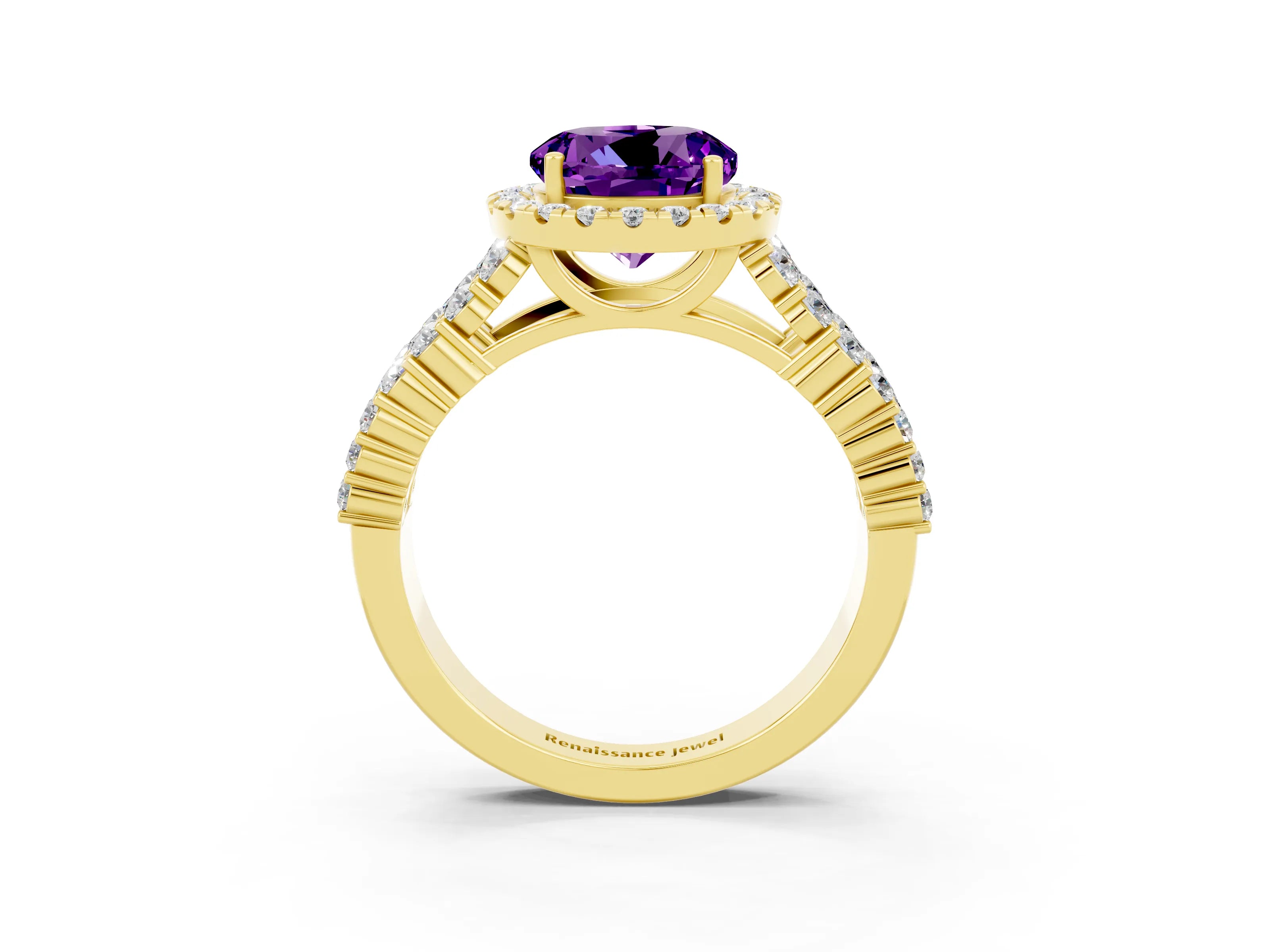 Yellow gold Round Cut Halo Pavé Diamond Engagement Ring with Split Shank and Four-Prong Setting_3