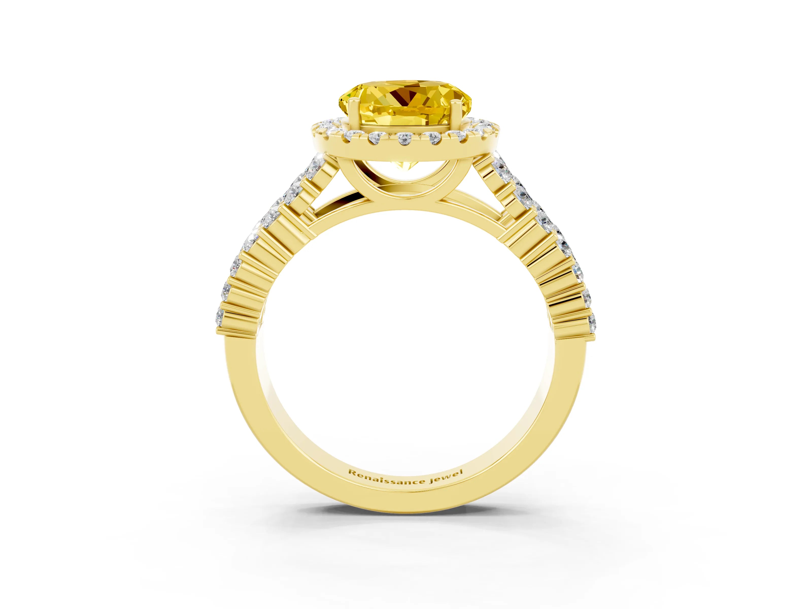 Yellow gold Round Cut Halo Pavé Diamond Engagement Ring with Split Shank and Four-Prong Setting_3