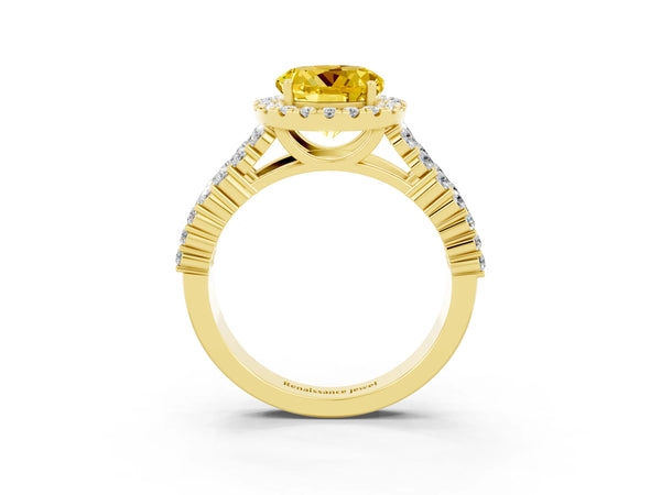 Yellow gold Round Cut Yellow Sapphire Halo Engagement Ring with Triple Row Round Pavé Band and Prong Setting