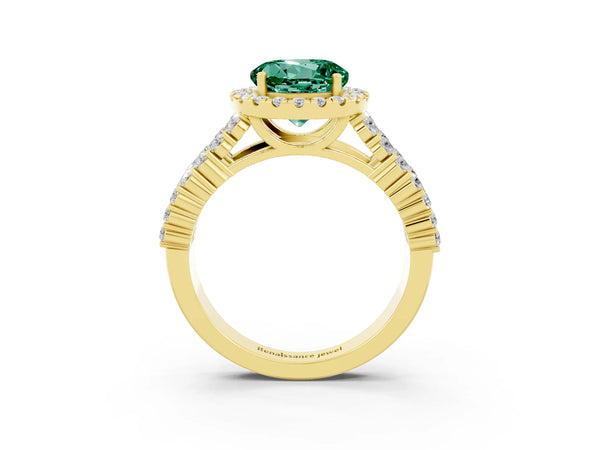 Yellow gold Round Cut Green Sapphire Halo Engagement Ring with Triple Row Round Pavé Band and Prong Setting