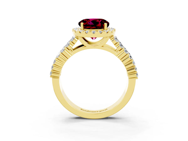 Yellow gold Round Cut Garnet Halo Engagement Ring with Triple Row Round Pavé Band and Prong Setting