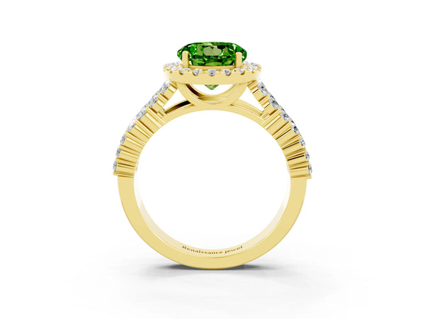 Yellow gold Round Cut Halo Pavé Diamond Engagement Ring with Split Shank and Four-Prong Setting