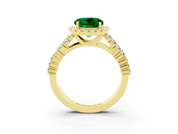 Yellow gold Round Cut Emerald Halo Engagement Ring with Triple Row Round Pavé Band and Prong Setting