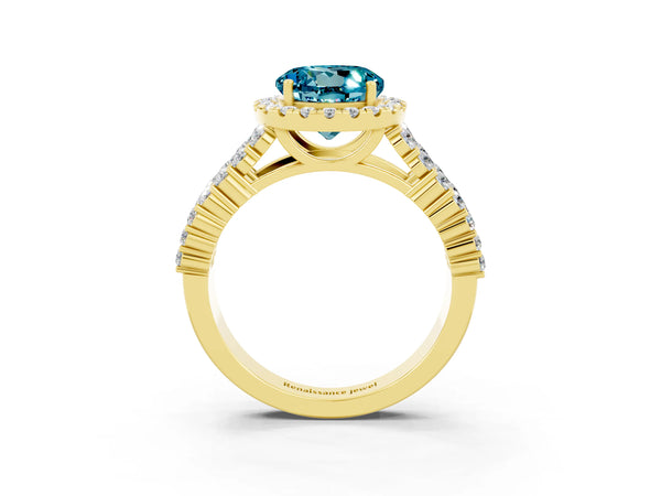 Yellow gold Round Cut Halo Pavé Diamond Engagement Ring with Split Shank and Four-Prong Setting