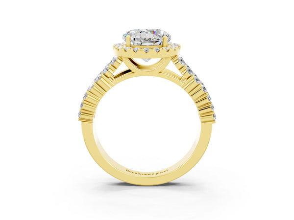 Yellow gold Round Cut Moissanite Halo Engagement Ring with Triple Row Round Pavé Band and Prong Setting