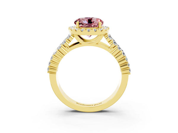Yellow gold Round Cut Halo Pavé Diamond Engagement Ring with Split Shank and Four-Prong Setting