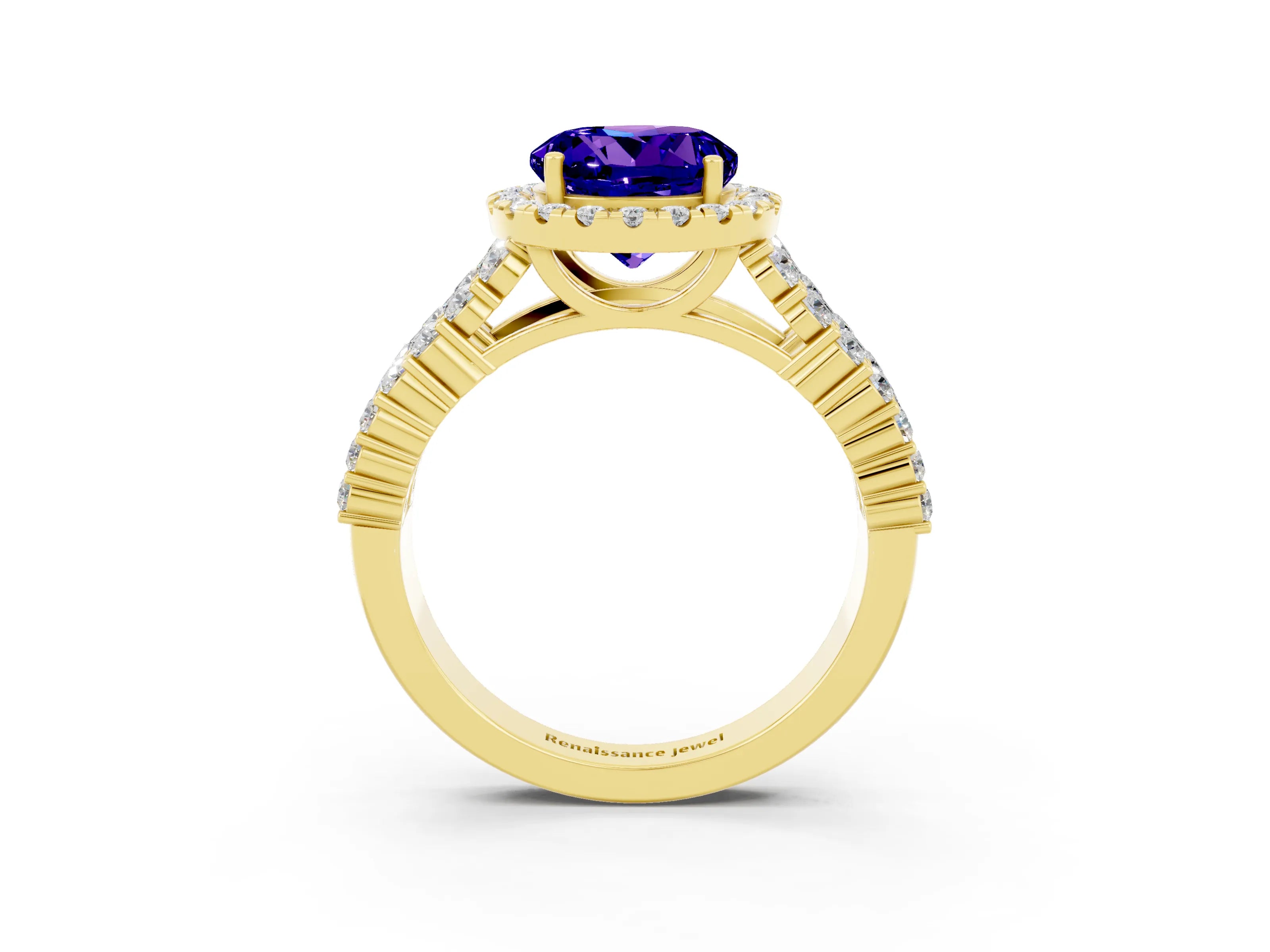 Yellow gold Round Cut Halo Pavé Diamond Engagement Ring with Split Shank and Four-Prong Setting_3