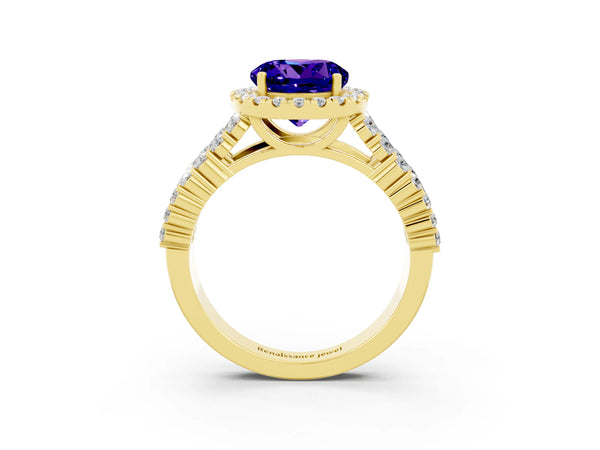 Yellow gold Round Cut Tanzanite Halo Engagement Ring with Triple Row Round Pavé Band and Prong Setting