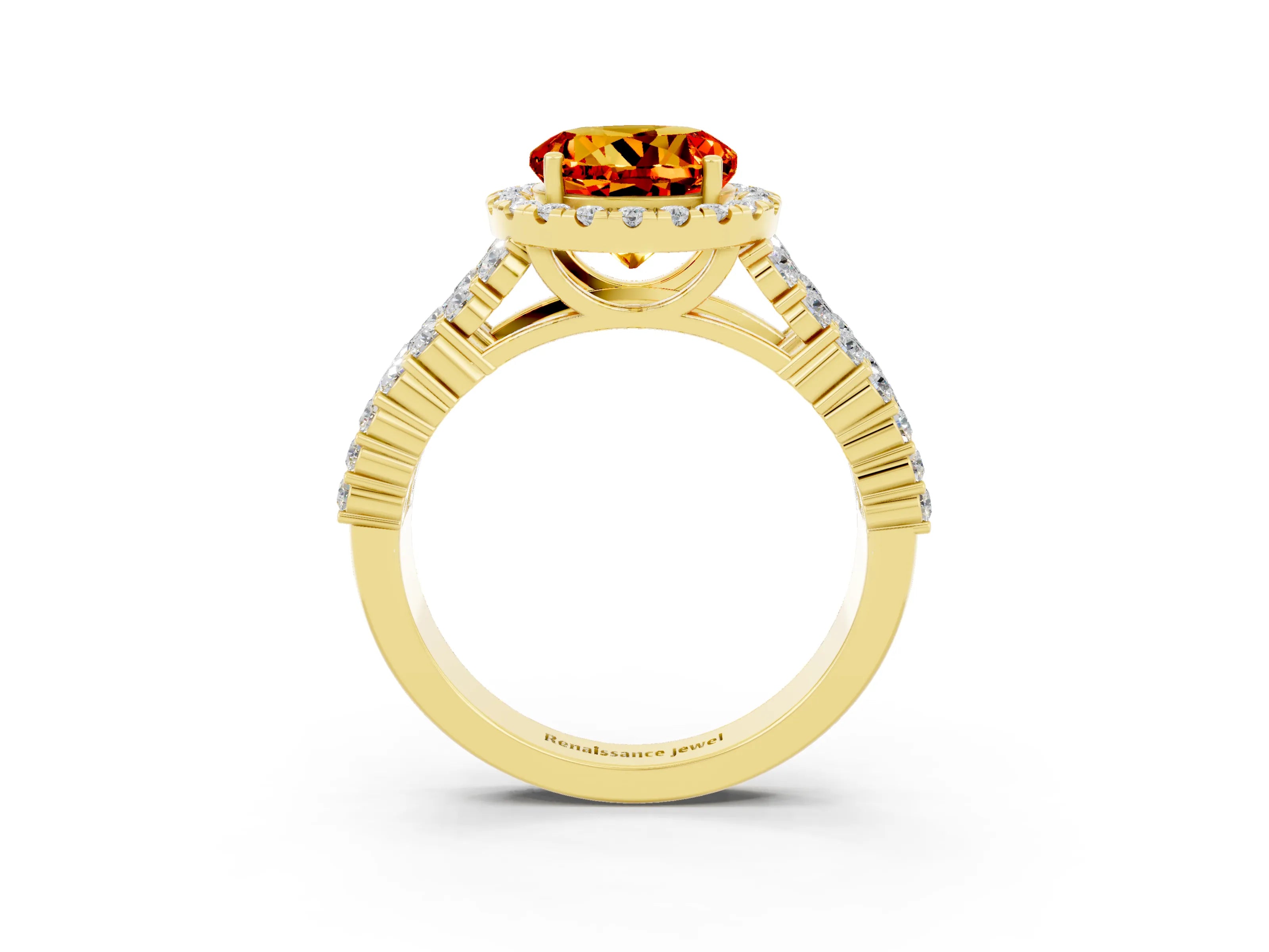 Yellow gold Round Cut Halo Pavé Diamond Engagement Ring with Split Shank and Four-Prong Setting_3
