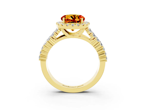 Yellow gold Round Cut Citrine Halo Engagement Ring with Triple Row Round Pavé Band and Prong Setting