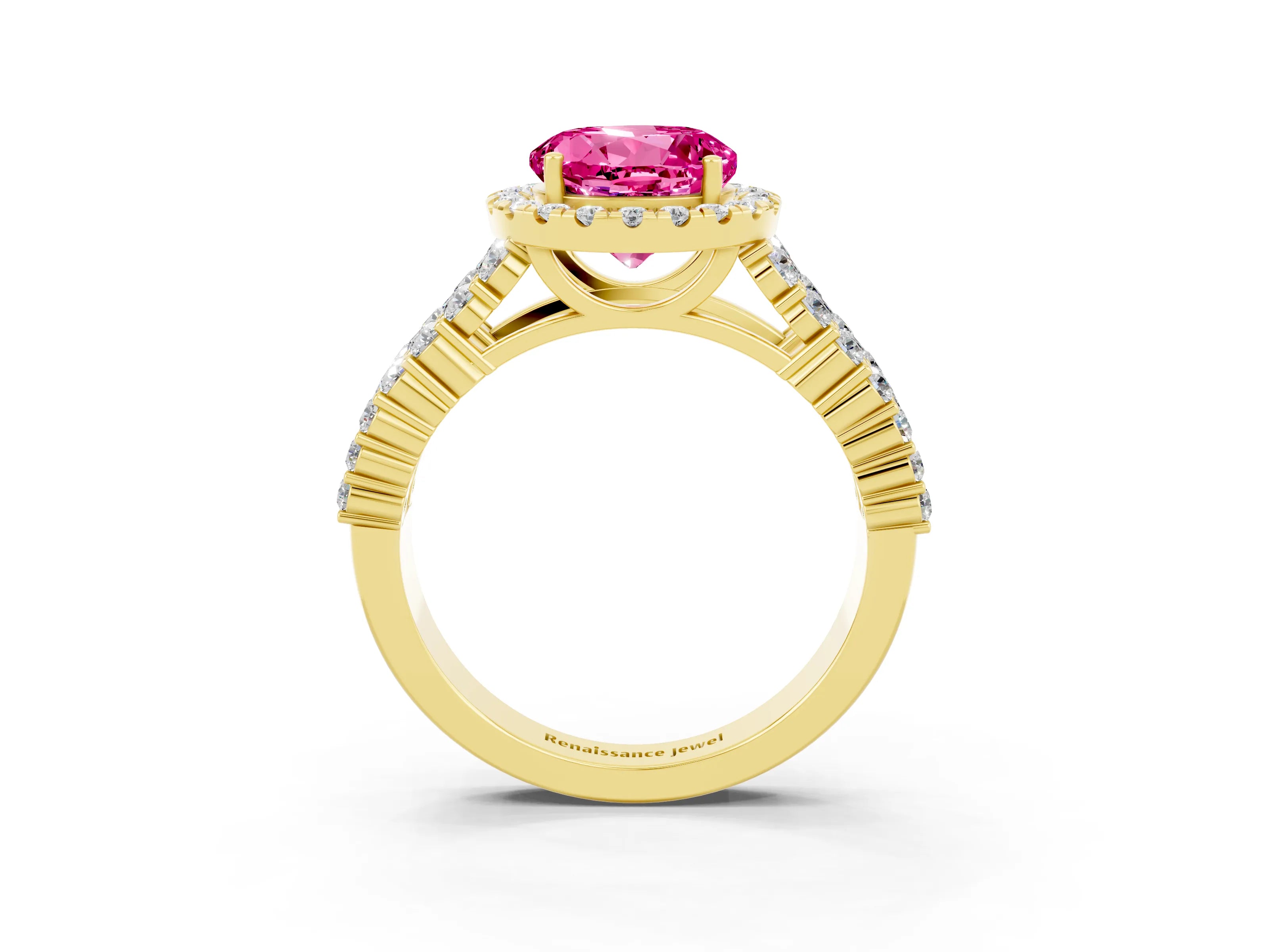 Yellow gold Round Cut Halo Pavé Diamond Engagement Ring with Split Shank and Four-Prong Setting_3