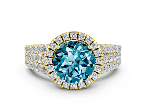 Yellow gold Round Cut Halo Pavé Diamond Engagement Ring with Split Shank and Four-Prong Setting