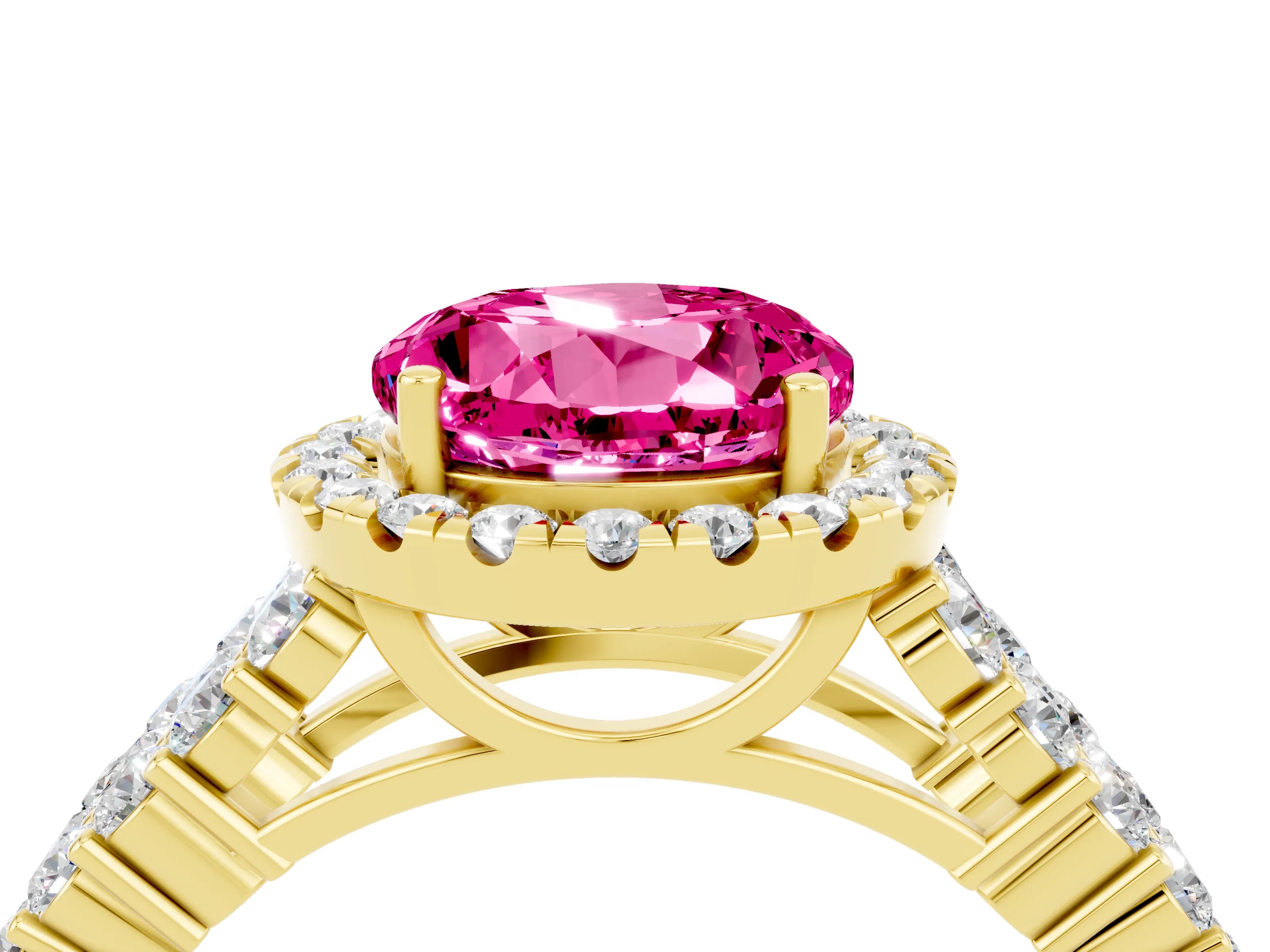Yellow gold Round Cut Halo Pavé Diamond Engagement Ring with Split Shank and Four-Prong Setting_4