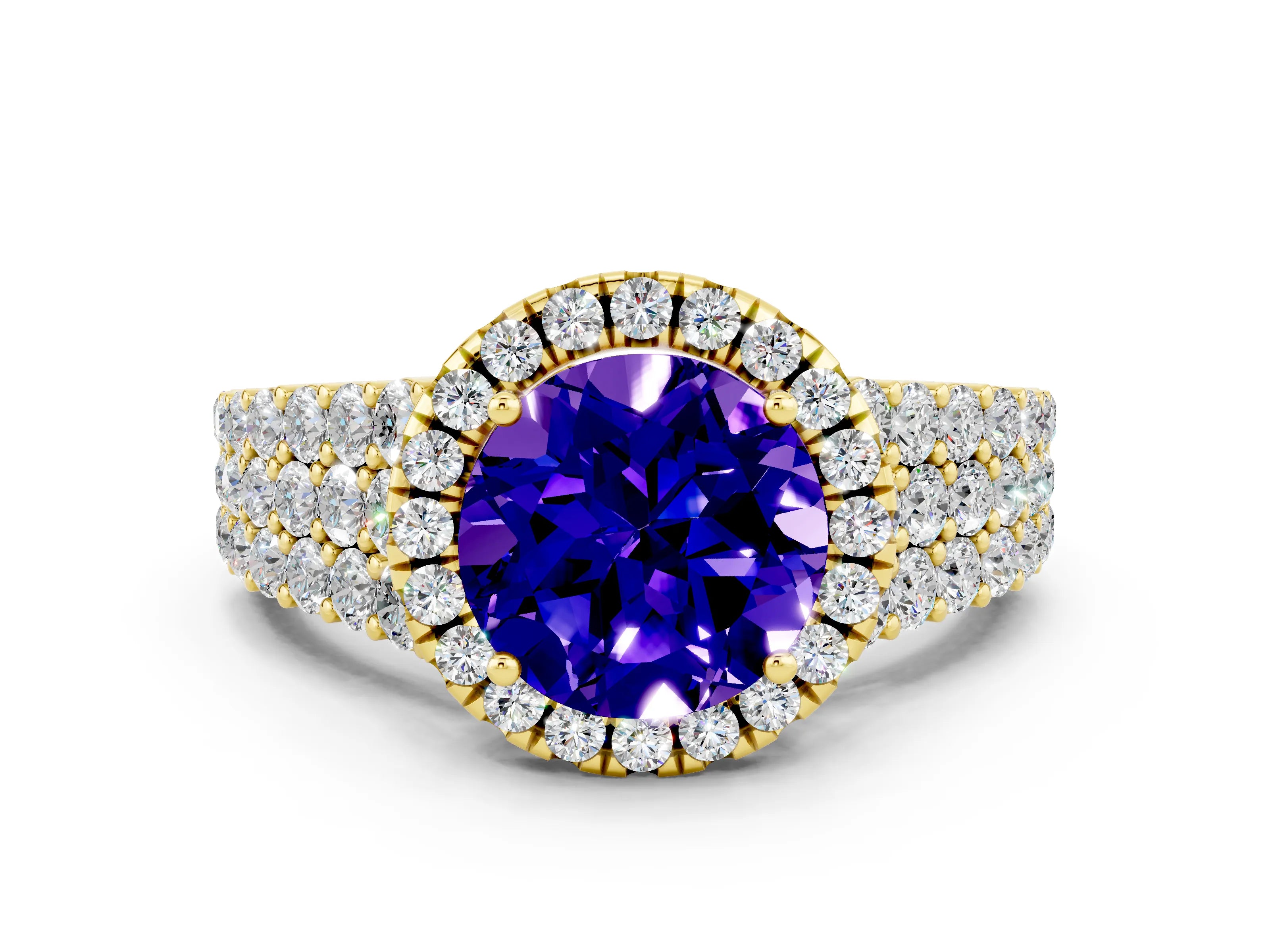 Yellow gold Round Cut Halo Pavé Diamond Engagement Ring with Split Shank and Four-Prong Setting