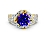 Yellow gold Round Cut Halo Pavé Diamond Engagement Ring with Split Shank and Four-Prong Setting