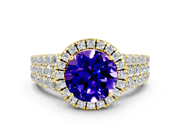 Yellow gold Round Cut Tanzanite Halo Engagement Ring with Triple Row Round Pavé Band and Prong Setting
