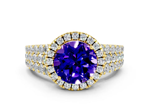 Yellow gold Round Cut Halo Pavé Diamond Engagement Ring with Split Shank and Four-Prong Setting