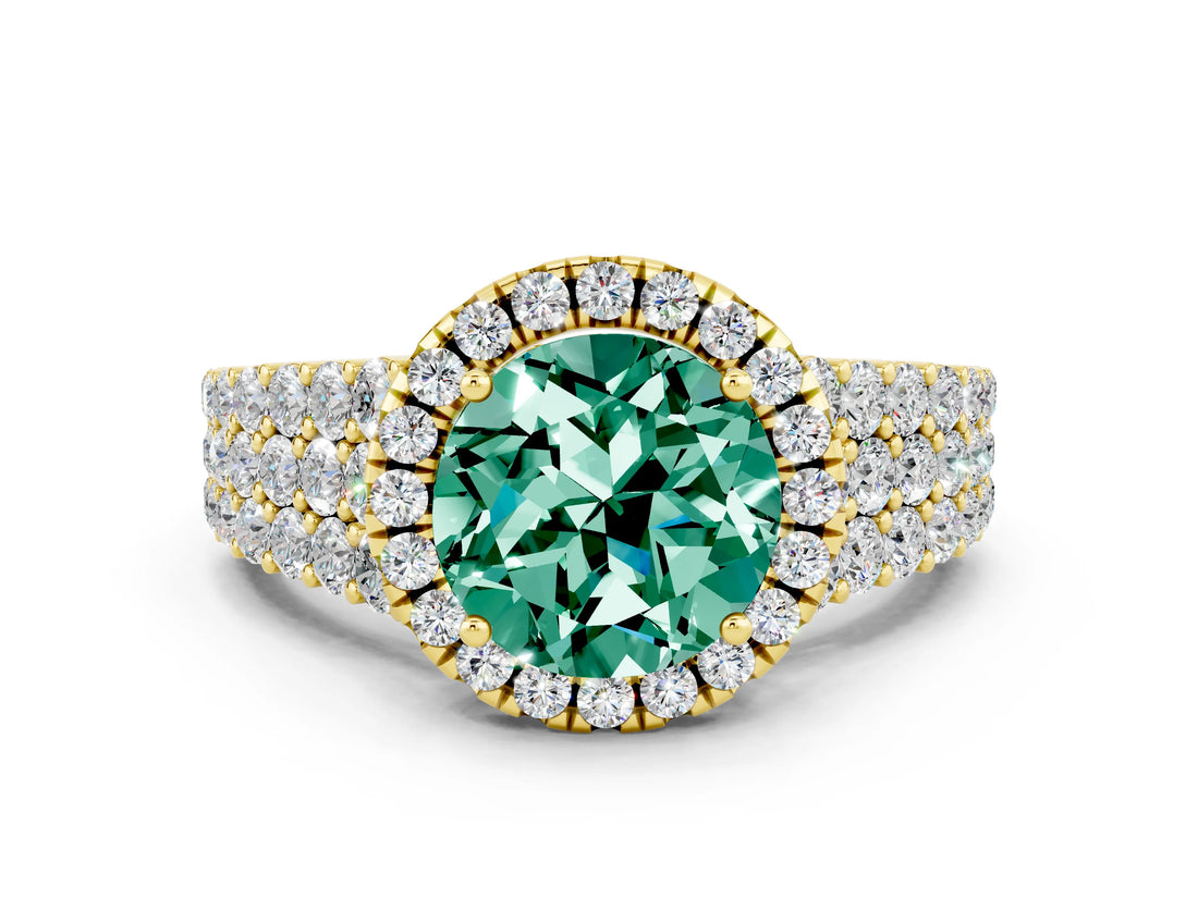 Yellow gold Round Cut Halo Pavé Diamond Engagement Ring with Split Shank and Four-Prong Setting