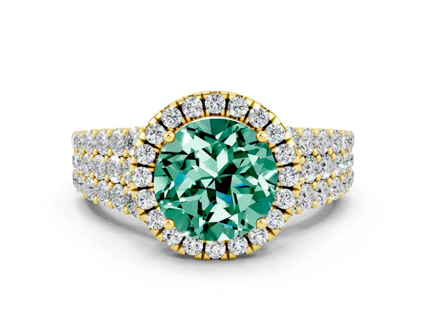 Yellow gold Round Cut Green Sapphire Halo Engagement Ring with Triple Row Round Pavé Band and Prong Setting