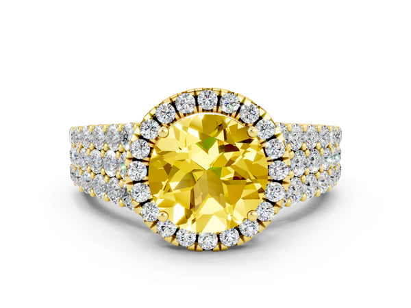 Yellow gold Round Cut Yellow Sapphire Halo Engagement Ring with Triple Row Round Pavé Band and Prong Setting