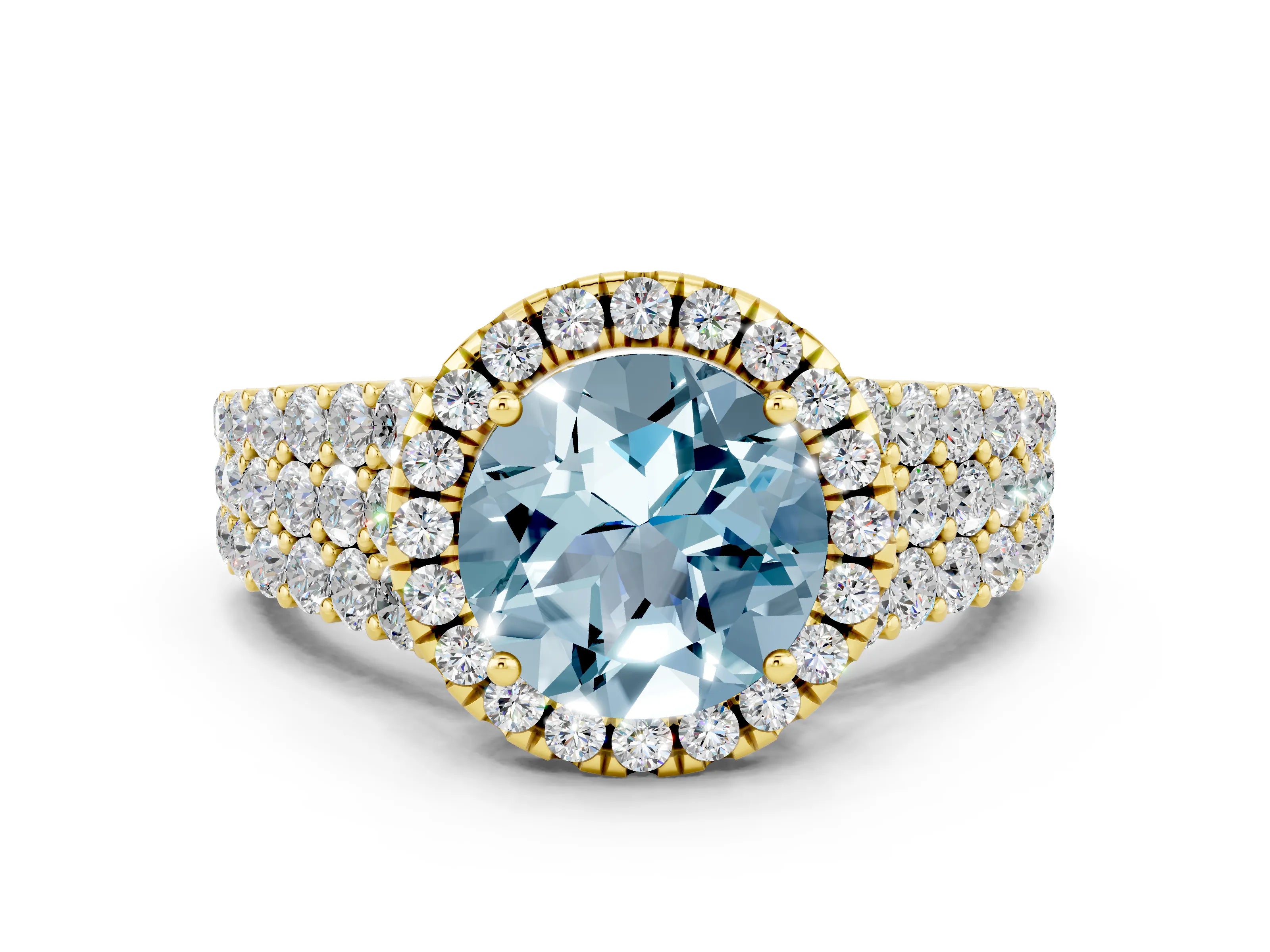Yellow gold Round Cut Halo Pavé Diamond Engagement Ring with Split Shank and Four-Prong Setting