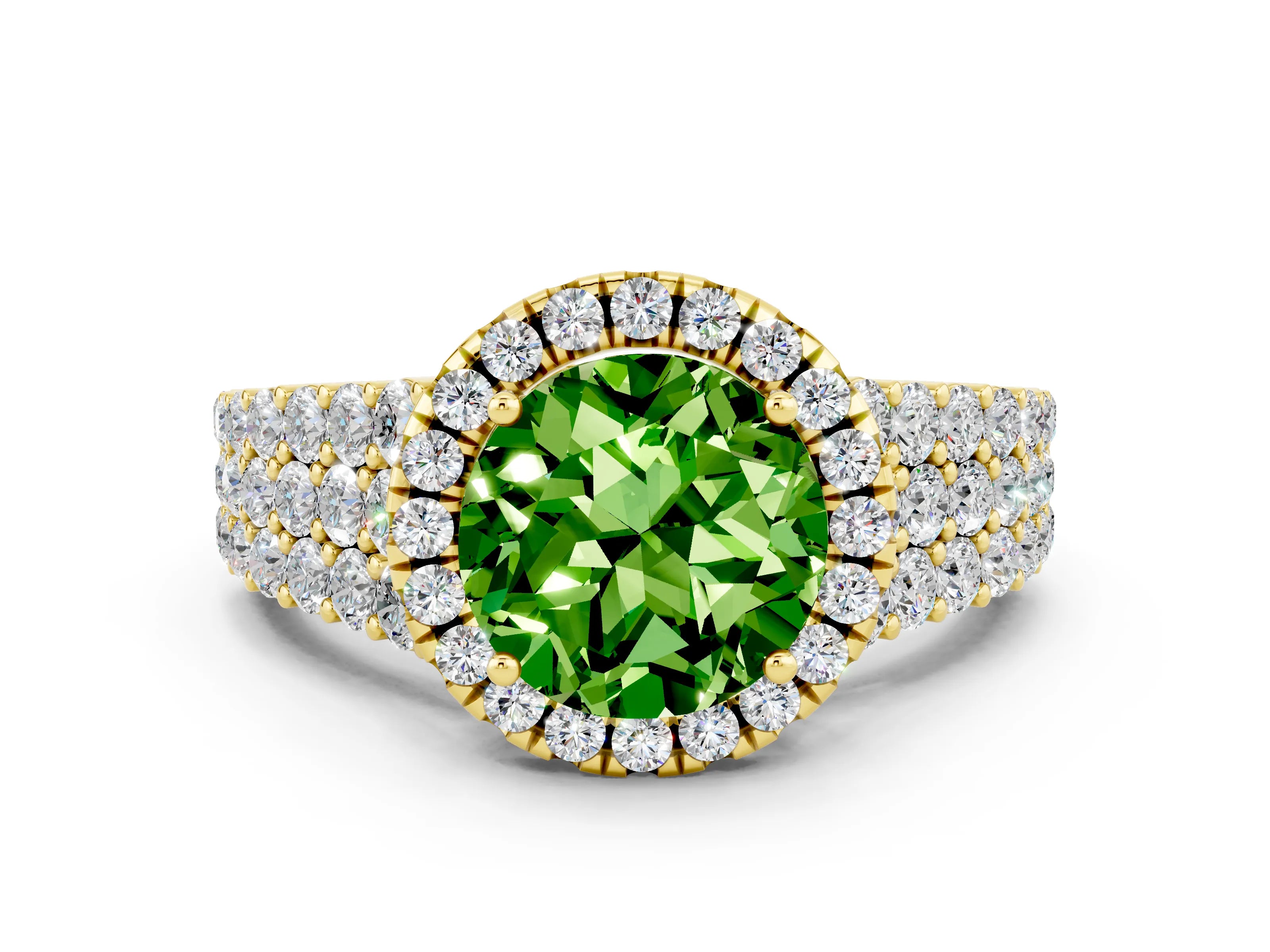Yellow gold Round Cut Halo Pavé Diamond Engagement Ring with Split Shank and Four-Prong Setting