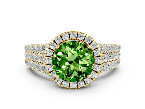 Yellow gold Round Cut Halo Pavé Diamond Engagement Ring with Split Shank and Four-Prong Setting