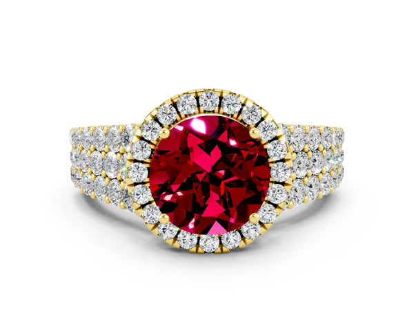 Yellow gold Round Cut Garnet Halo Engagement Ring with Triple Row Round Pavé Band and Prong Setting