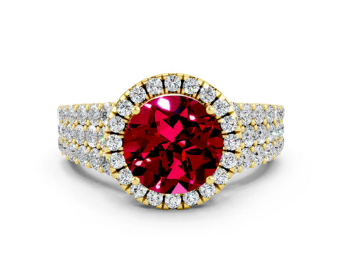 Yellow gold Round Cut Halo Pavé Diamond Engagement Ring with Split Shank and Four-Prong Setting