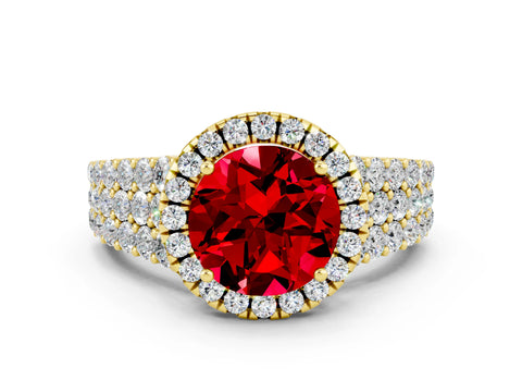 Yellow gold Round Cut Halo Pavé Diamond Engagement Ring with Split Shank and Four-Prong Setting